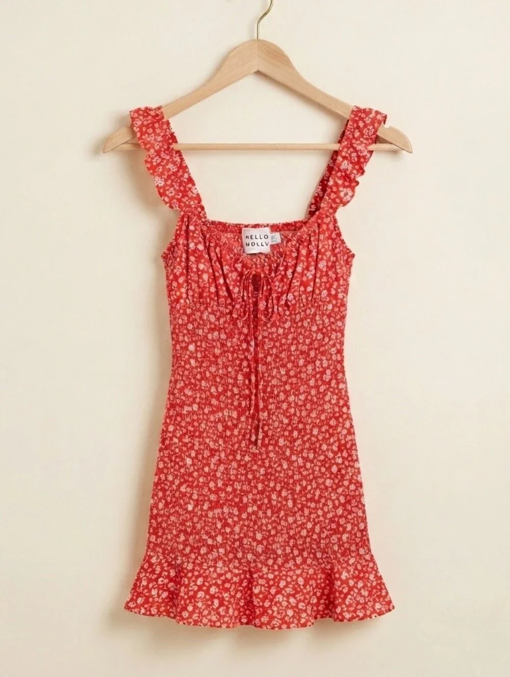 Hello Molly Misty Fountains Floral Mini Dress Red Ruffle Hem - Picture 5 of 7